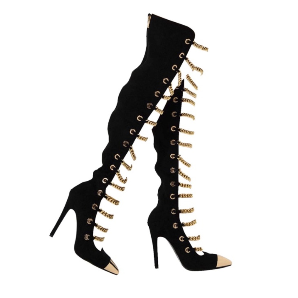 Pointed Toe Metal Chains Stiletto High Heel Zip up Boots